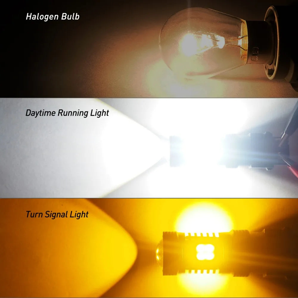 Three light sources shown: a halogen bulb, a daytime running light, and a turn signal light.