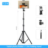 A black folding stand with a tablet phone holder, featuring a 1.5 m height and adjustable legs.