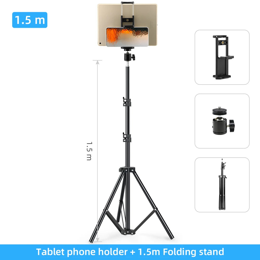 A black folding stand with a tablet phone holder, featuring a 1.5 m height and adjustable legs.