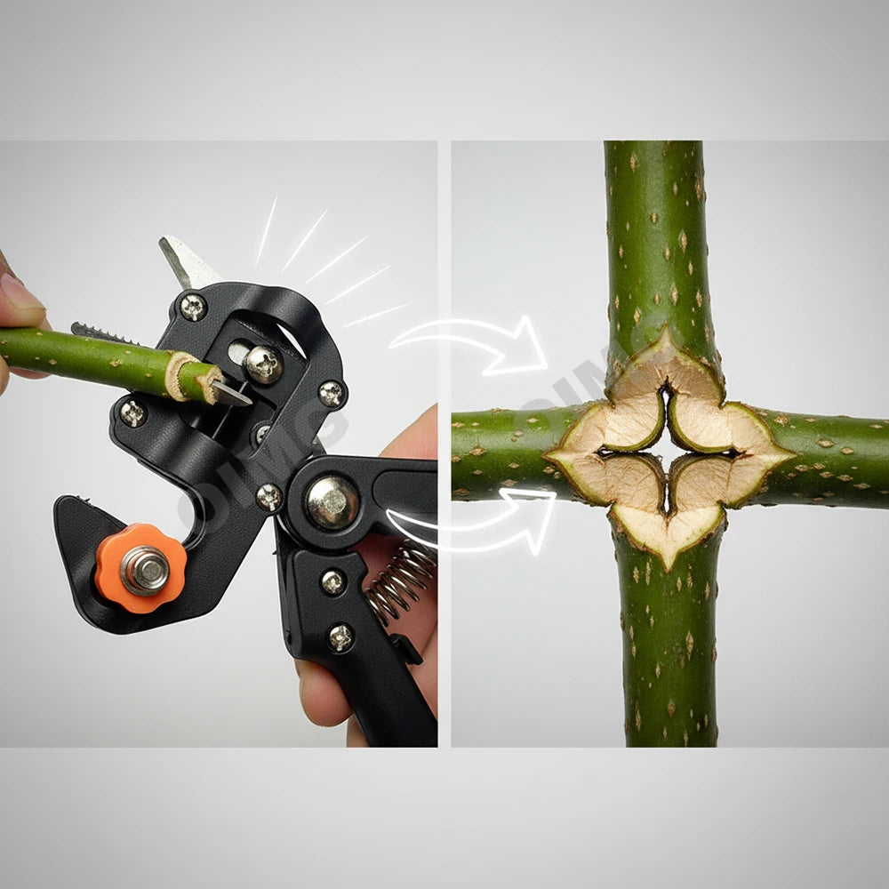 A precision grafting pruner with three interchangeable blades is shown cutting into a green branch of a fruit tree.