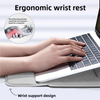 A hand rests on a laptop with an ergonomic wrist rest design, illustrating relief from strain.