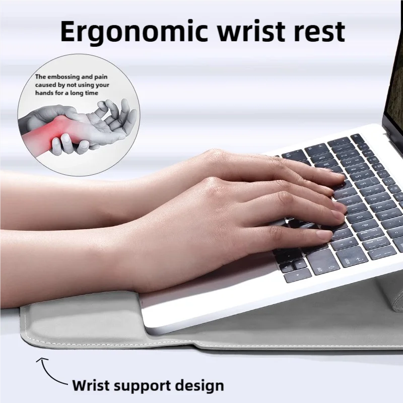 A hand rests on a laptop with an ergonomic wrist rest design, illustrating relief from strain.