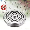 Stainless steel mosquito coil holder with a lid designed to deter insects.