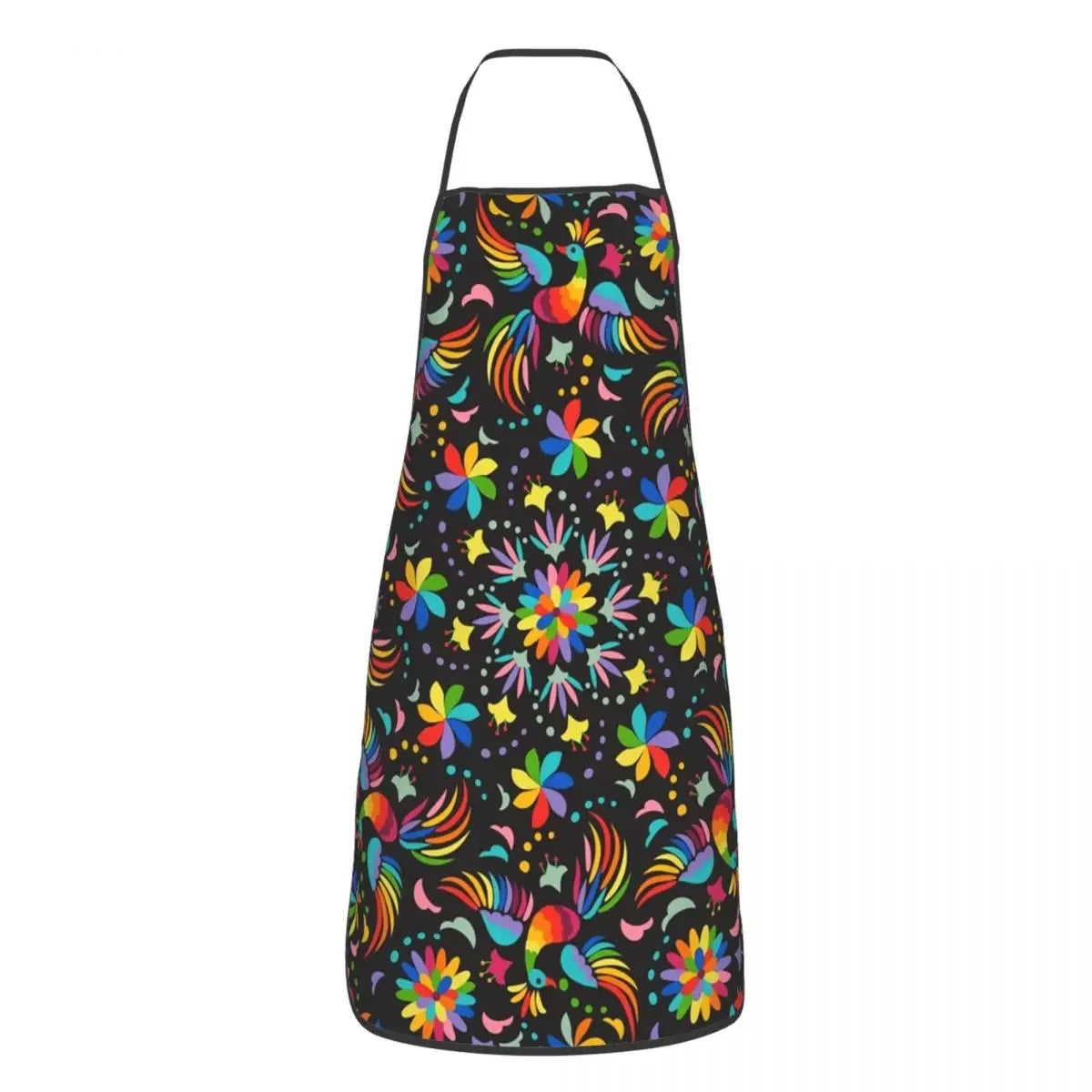 A colorful Mexican floral art apron with a black background featuring vibrant flowers and leaves.