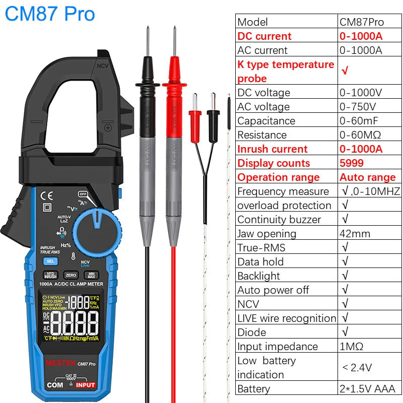1000A True RMS Digital Clamp Meter with NCV Detection