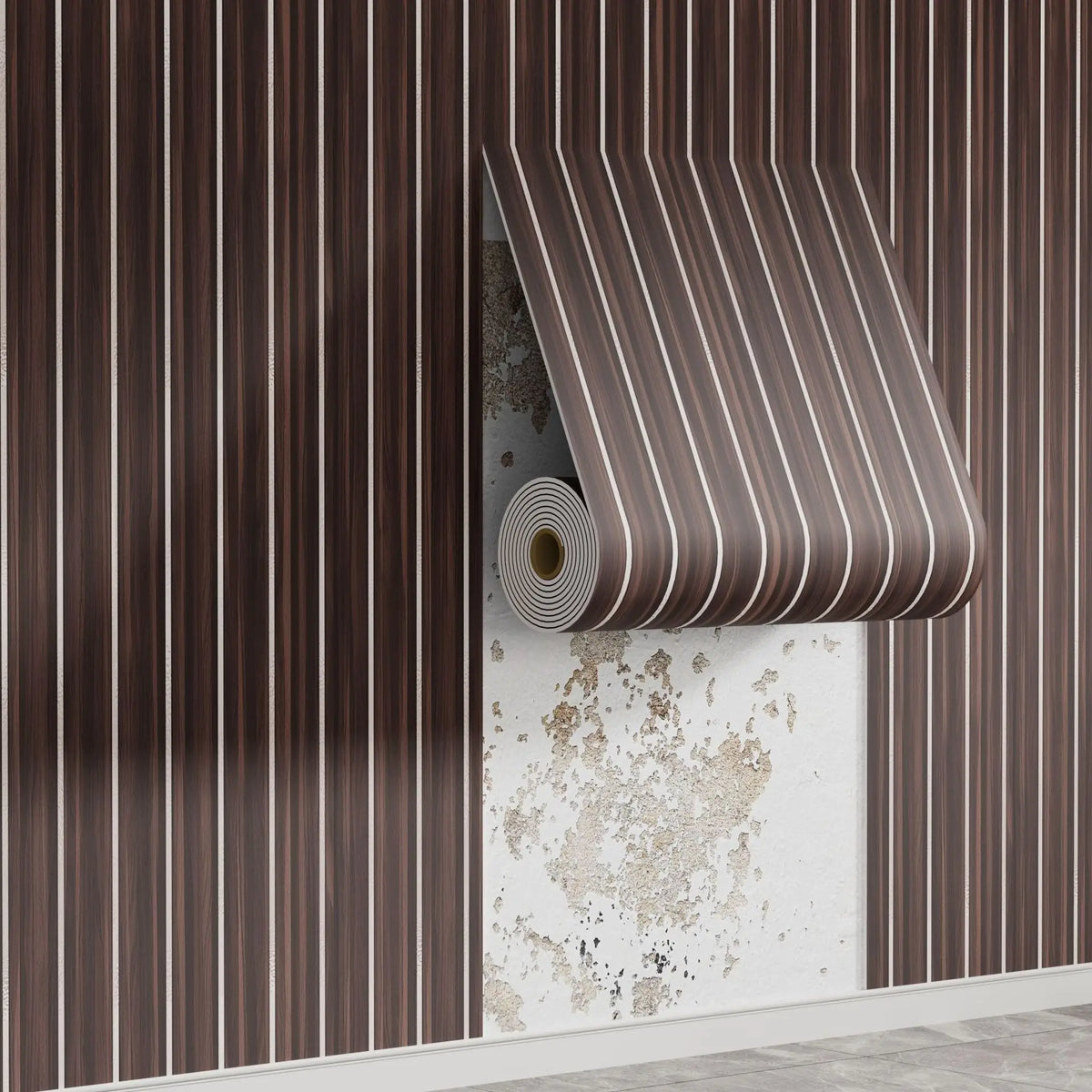 A close-up of wood grain peel-and-stick wall tiles in brown and white stripes mounted on a textured white wall.