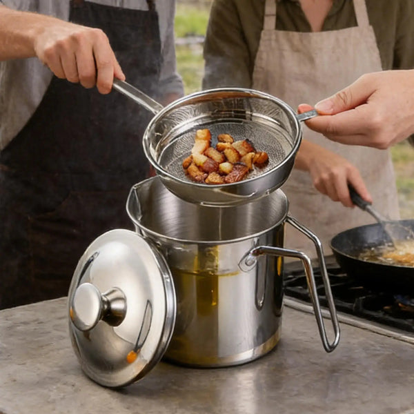 A stainless steel oil dispenser with a fine mesh filter is being used to pour oil into a pan.