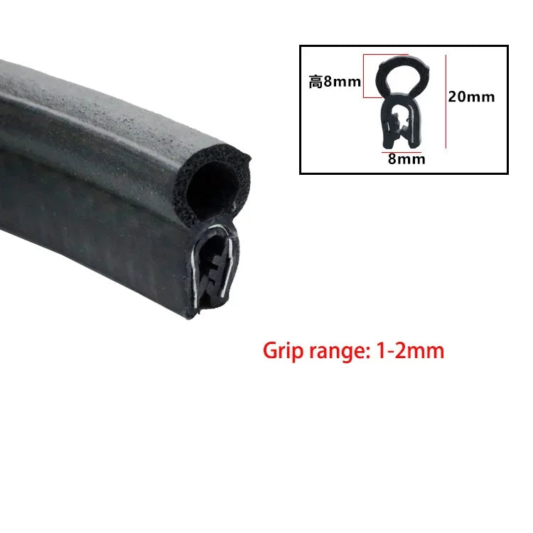 Black U-shaped EPDM rubber edge trim with a grip range of 1-2mm