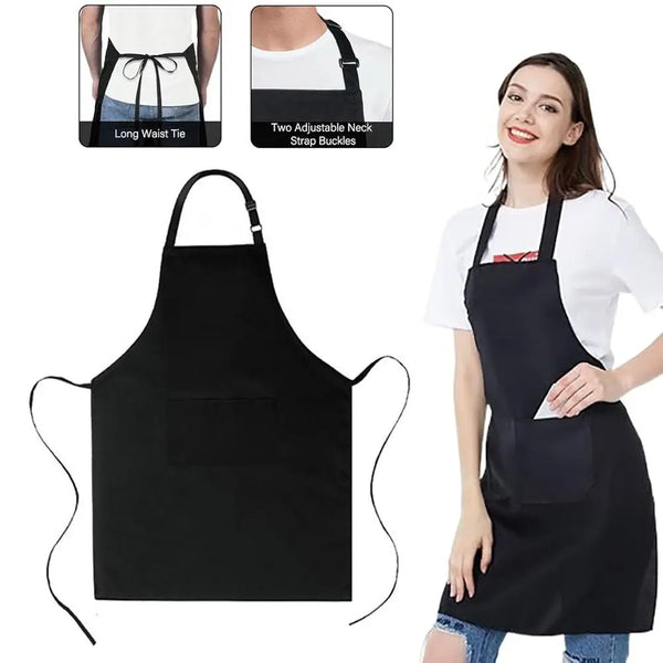 Black unisex water-resistant bib apron with two pockets shown on a woman.
