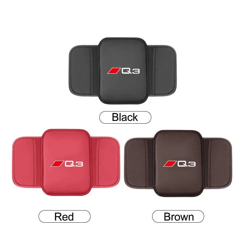 Car armrest box mat in black, red, and brown colors with storage pockets for Audi models