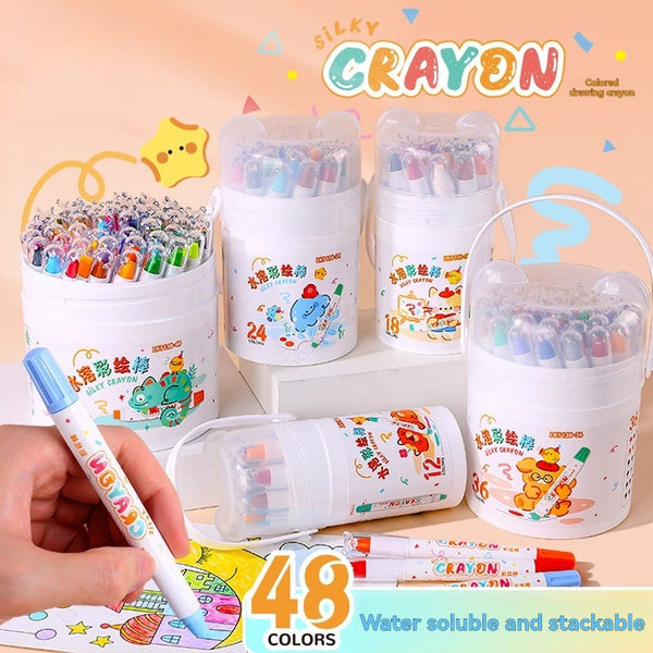 Set von 48 seidig drahtigen Pastell-Gelstiften in klaren Plastikbehältern mit bunten Zeichnungen.