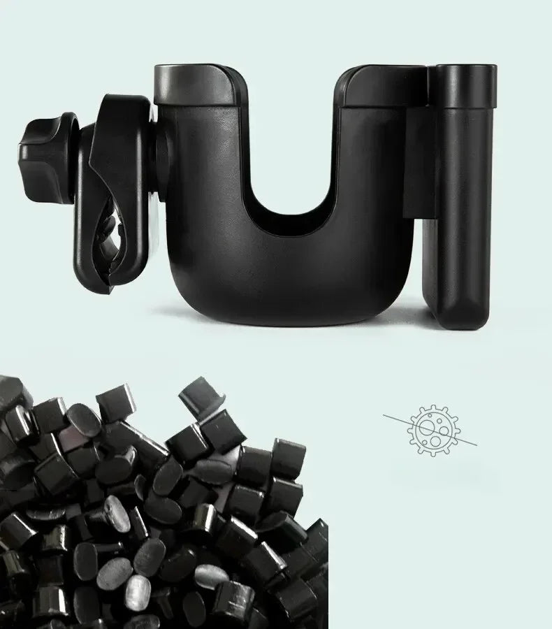 A black 2-in-1 stroller cup holder and phone mount is shown with a pile of black mounting hardware.