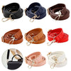 A collection of adjustable leather bag straps in black, navy blue, brown, red, and pink.