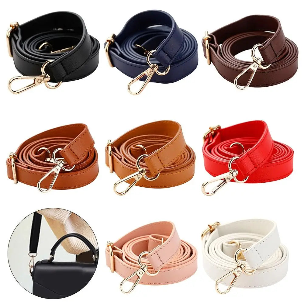 A collection of adjustable leather bag straps in black, navy blue, brown, red, and pink.