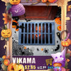 A decorative rug featuring a ghost design and spider web pattern, surrounded by autumn leaves and pumpkins.