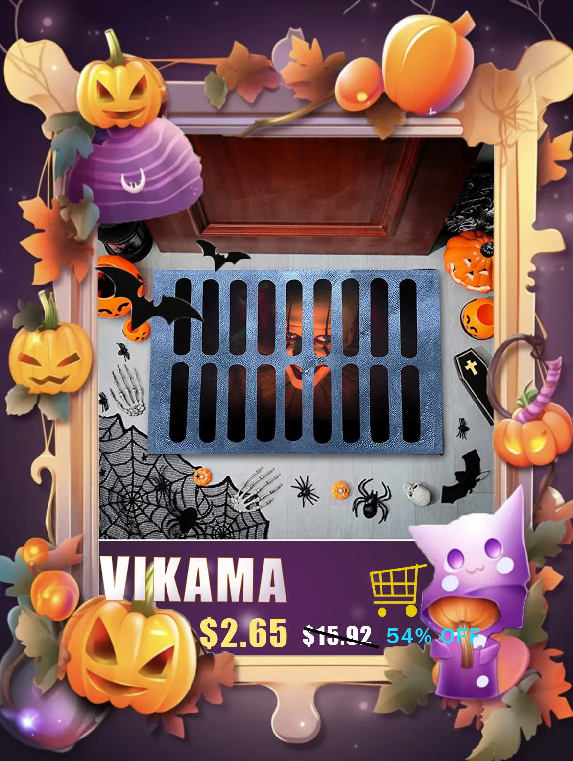 A decorative rug featuring a ghost design and spider web pattern, surrounded by autumn leaves and pumpkins.