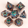 A set of liquid core resin dice featuring a dragon eye design in various angles and colors.