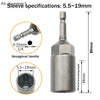 Stainless steel sleeve specifications showing a hexagonal handle and various sleeve sizes from 5.5 to 19mm.