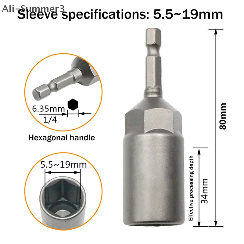 Stainless steel sleeve specifications showing a hexagonal handle and various sleeve sizes from 5.5 to 19mm.