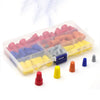 A clear plastic storage box filled with assorted color-coded twist-on wire connectors in various sizes.