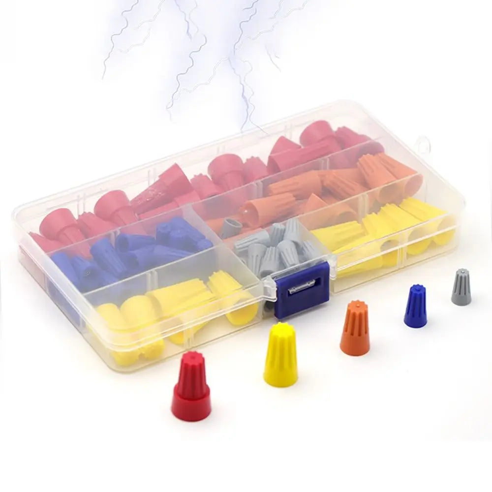 A clear plastic storage box filled with assorted color-coded twist-on wire connectors in various sizes.