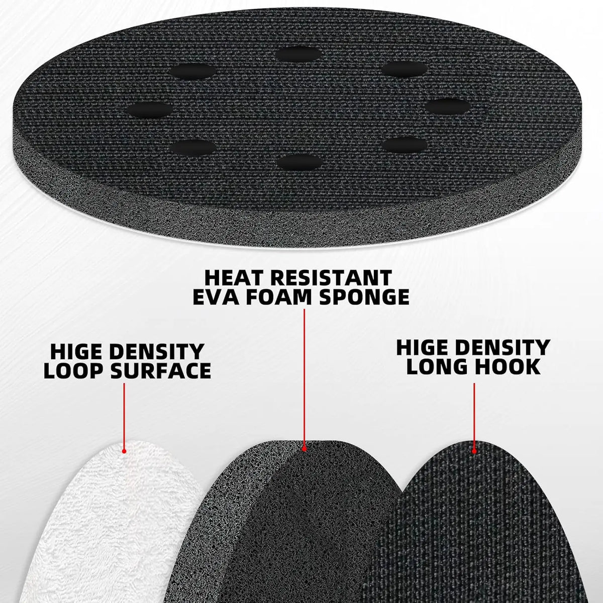 Three black foam sanding pads with high density loop surfaces and long hooks for random orbit sanders