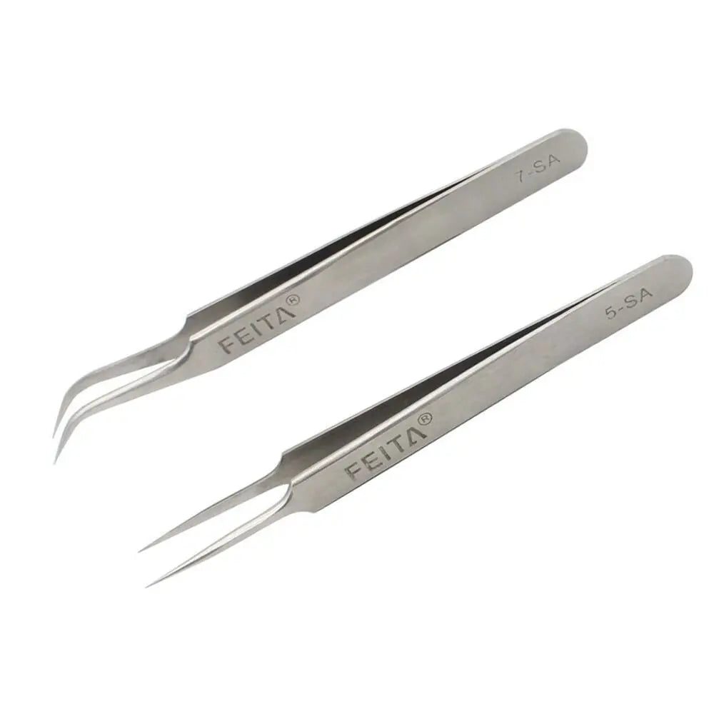 A pair of precision stainless steel tweezers labeled 7-SA and 5-SA.