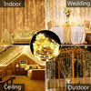 Various lighting setups showing indoor, wedding, ceiling, and outdoor uses of solar-powered LED curtain lights.
