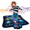A young child is standing on an interactive music dance mat with lights, surrounded by musical notes and ribbons.