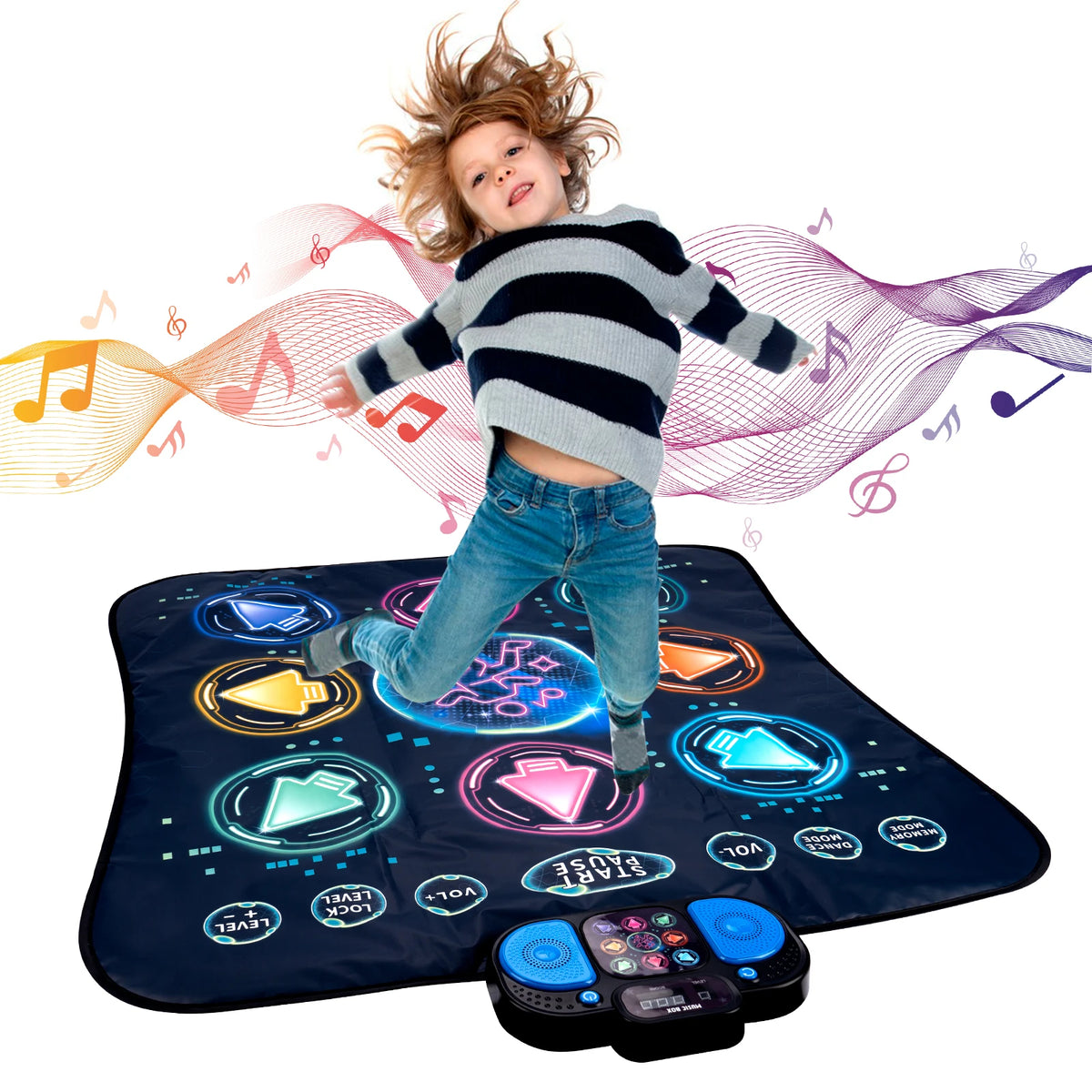 A young child is standing on an interactive music dance mat with lights, surrounded by musical notes and ribbons.