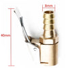 Brass tire inflator chuck with quick-connect clip shown with dimension lines.