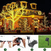 Installation steps for solar-powered garden string lights, showing setup and lighting results.