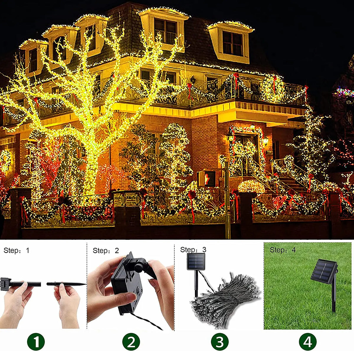 Installation steps for solar-powered garden string lights, showing setup and lighting results.