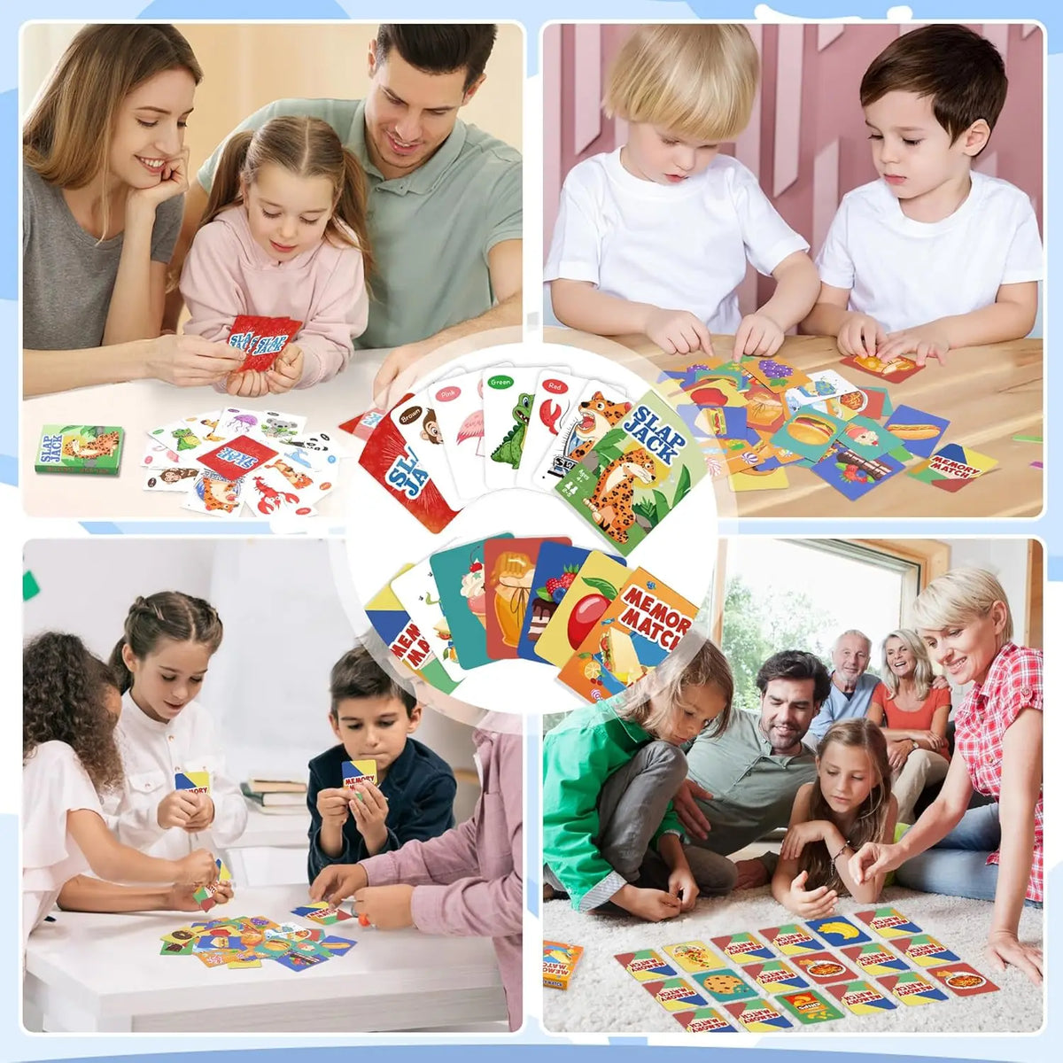Eine Sammlung farbenfroher Karten und Spielsteine für ein interaktives Familienkartenspiel.