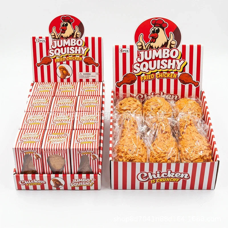 Verpackte Jumbo-Squishy-Frittiert-Hähnchen-Simulationsspielzeuge mit realistischen Lebensmittelsqueeze-Spielzeugen.