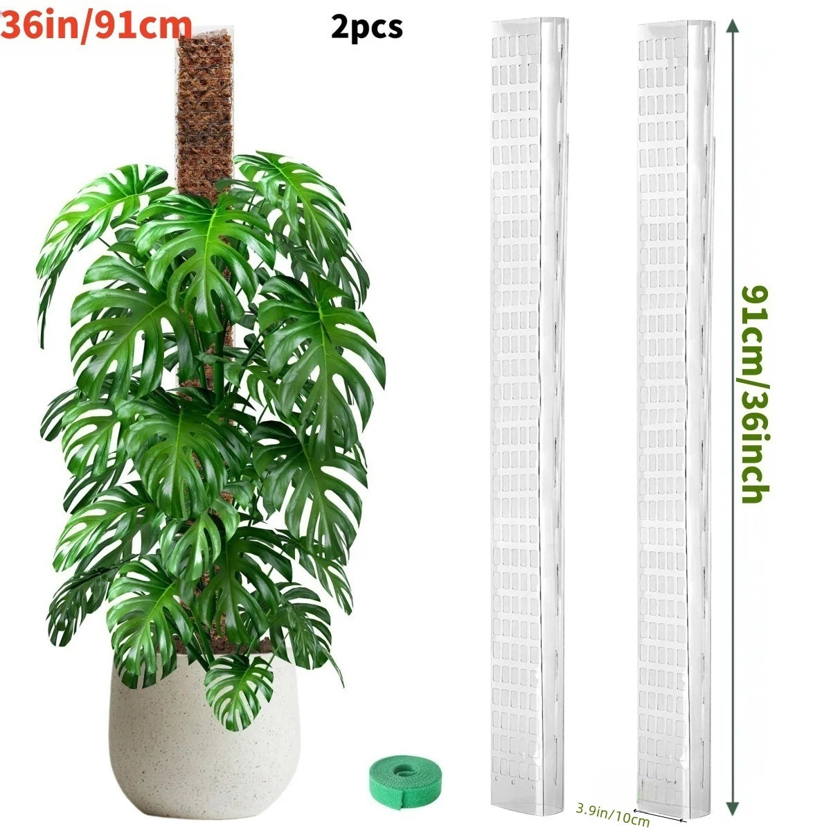 Two plastic plant moss poles measuring 91cm or 36 inches, used for indoor climbing plants.