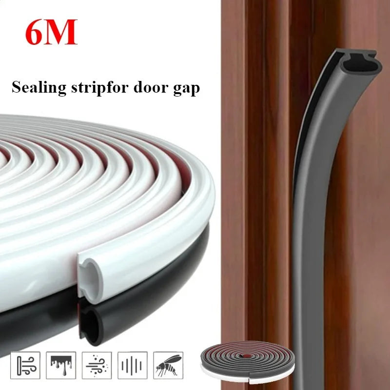 Roll of 6-meter white sealing strip for door gaps with various application icons.