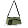 Olive green stroller storage organizer bag with black hanging straps and multiple pockets