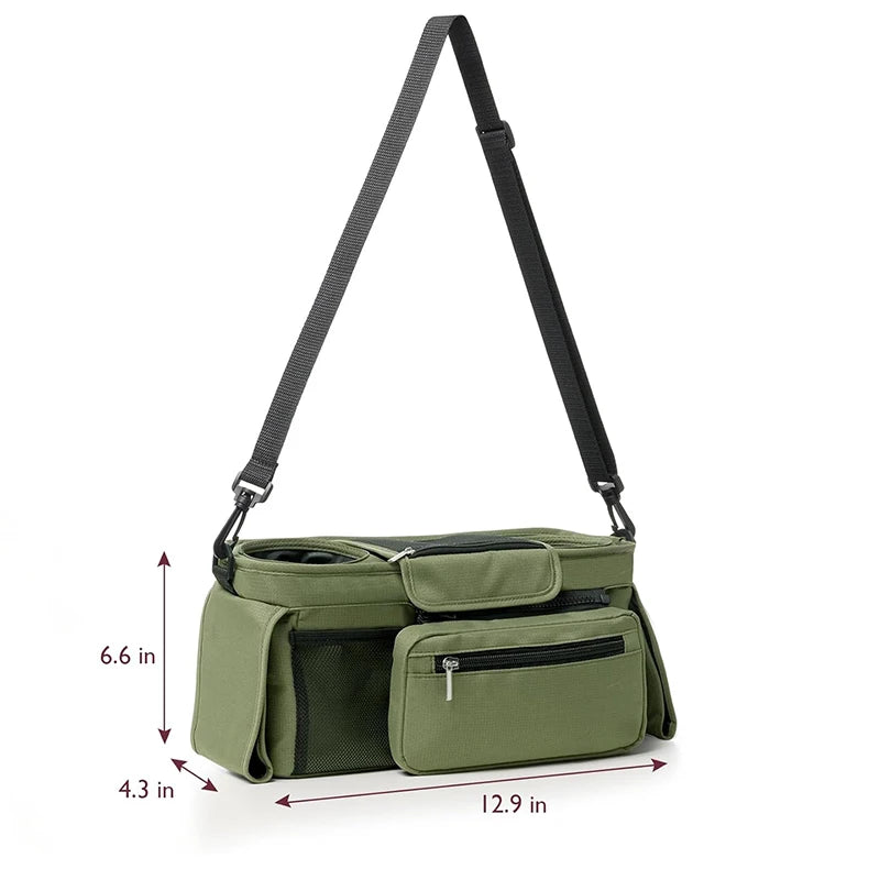 Olive green stroller storage organizer bag with black hanging straps and multiple pockets