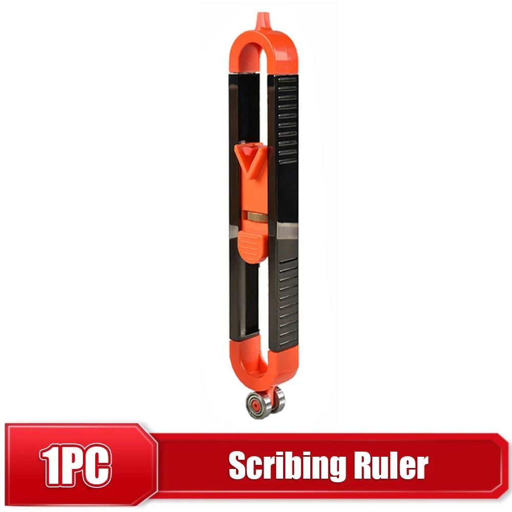 An orange and black scribing ruler with a locking mechanism.