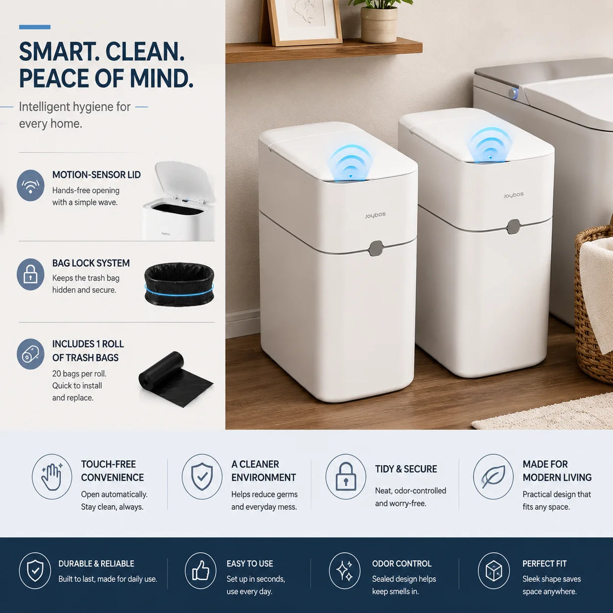 A white motion sensor trash can with a lid and bag lock system sitting on a wooden shelf.