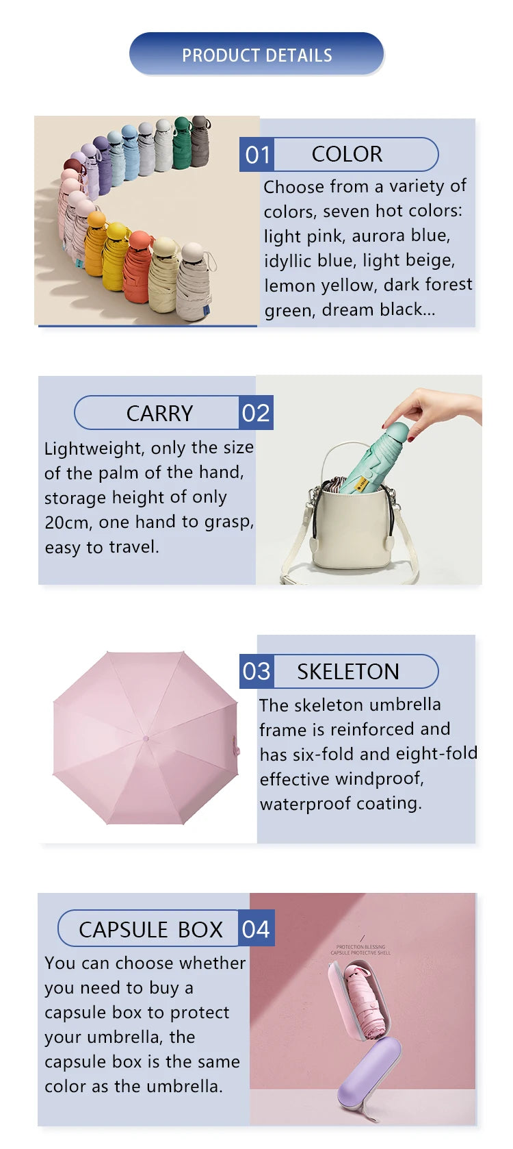 Diagram showing product details including color options, carrying method, skeleton structure, and capsule box.
