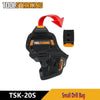 Toolstarking small drill bag featuring a red handle and multiple pockets for tools