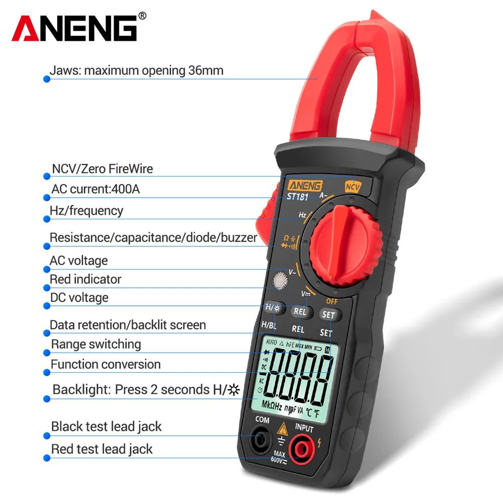 Digital Clamp Meter with AC/DC Voltage, Current, and Resistance Testing