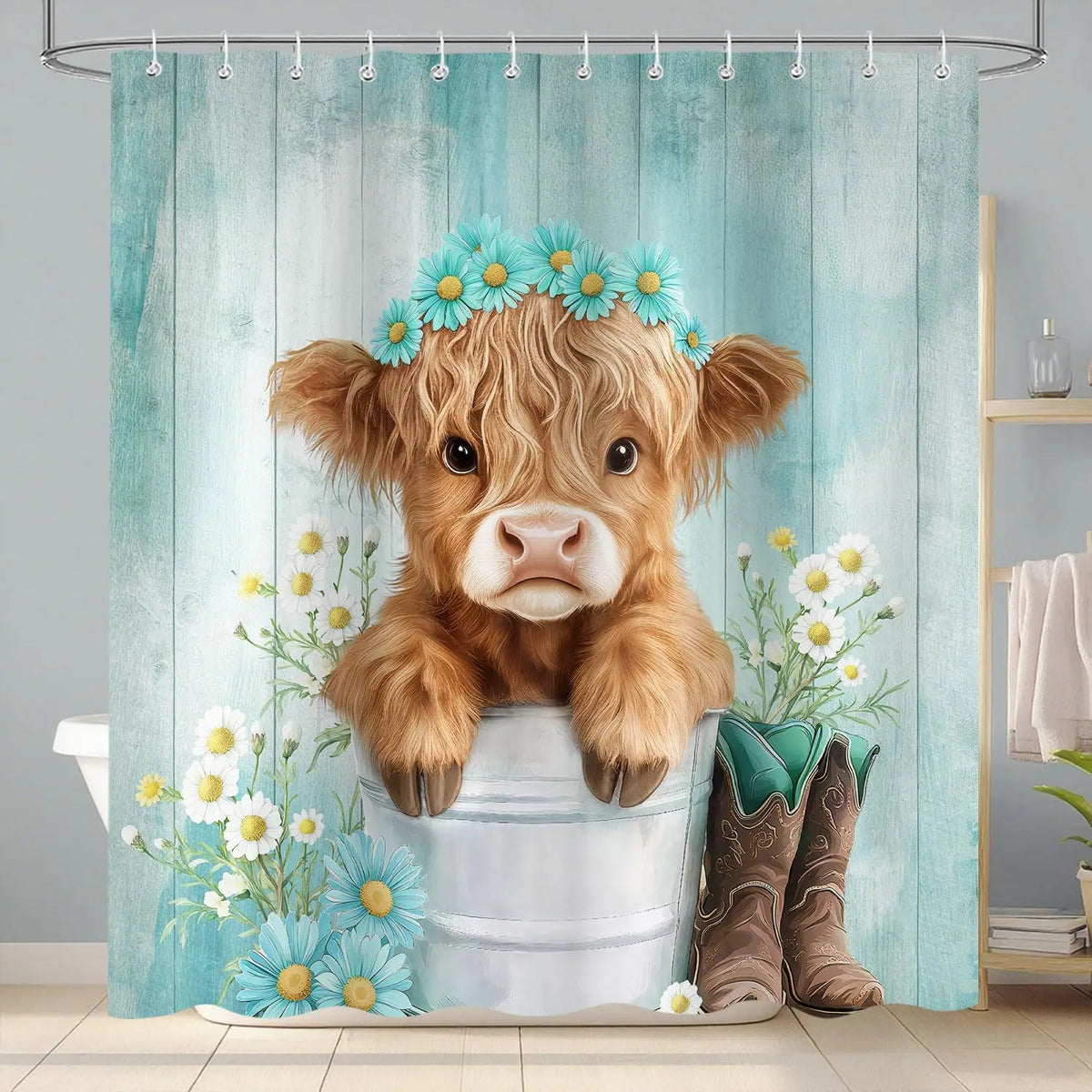 A fluffy brown Highland calf head with blue flowers is featured on a shower curtain background.