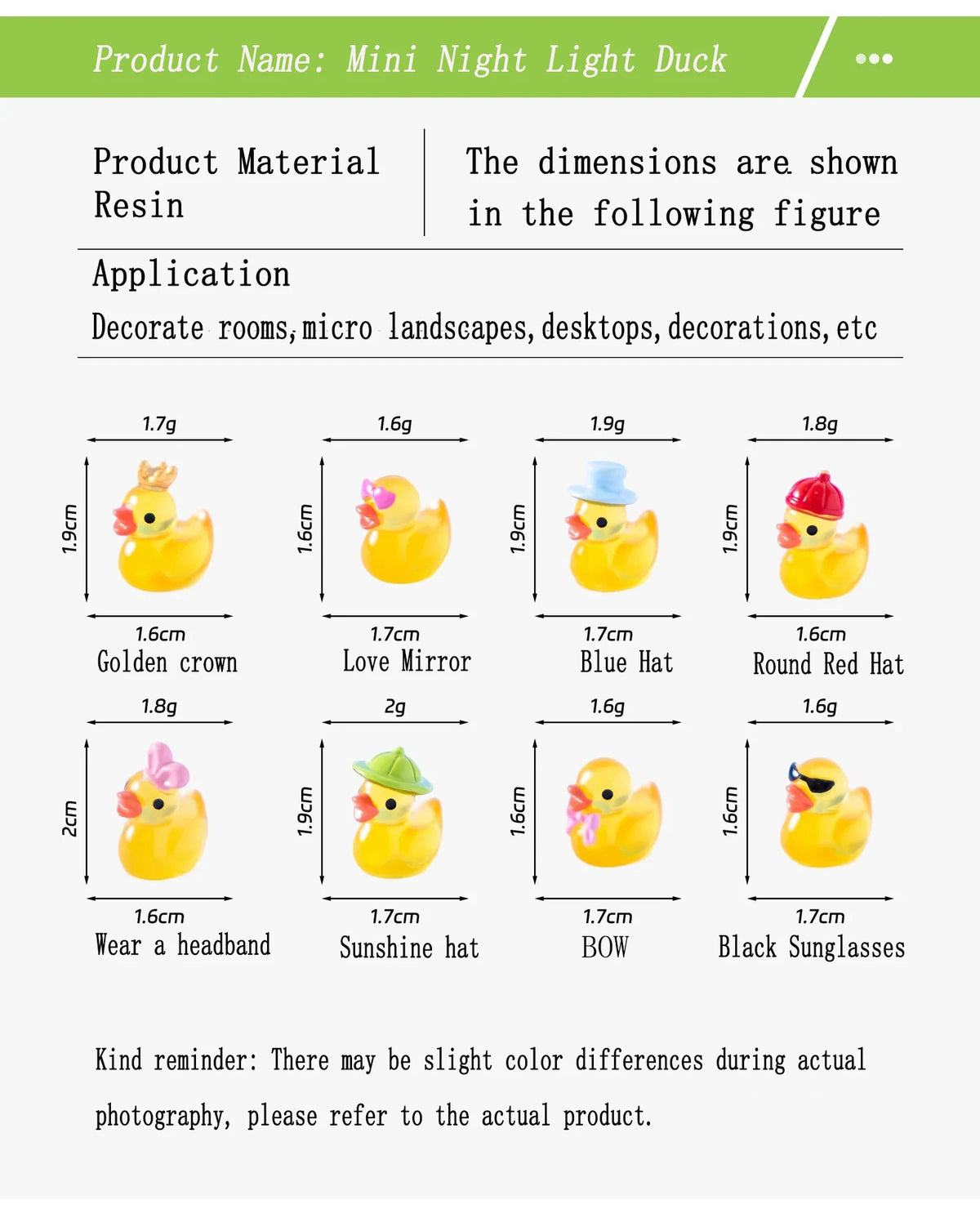 A collection of mini resin duck figurines in various colors and shapes including a golden crown, love mirror, blue hat, and s