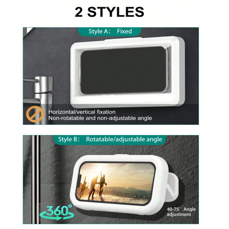 Two styles of a waterproof shower phone holder, one fixed and one rotatable for 360 degree angle adjustment.