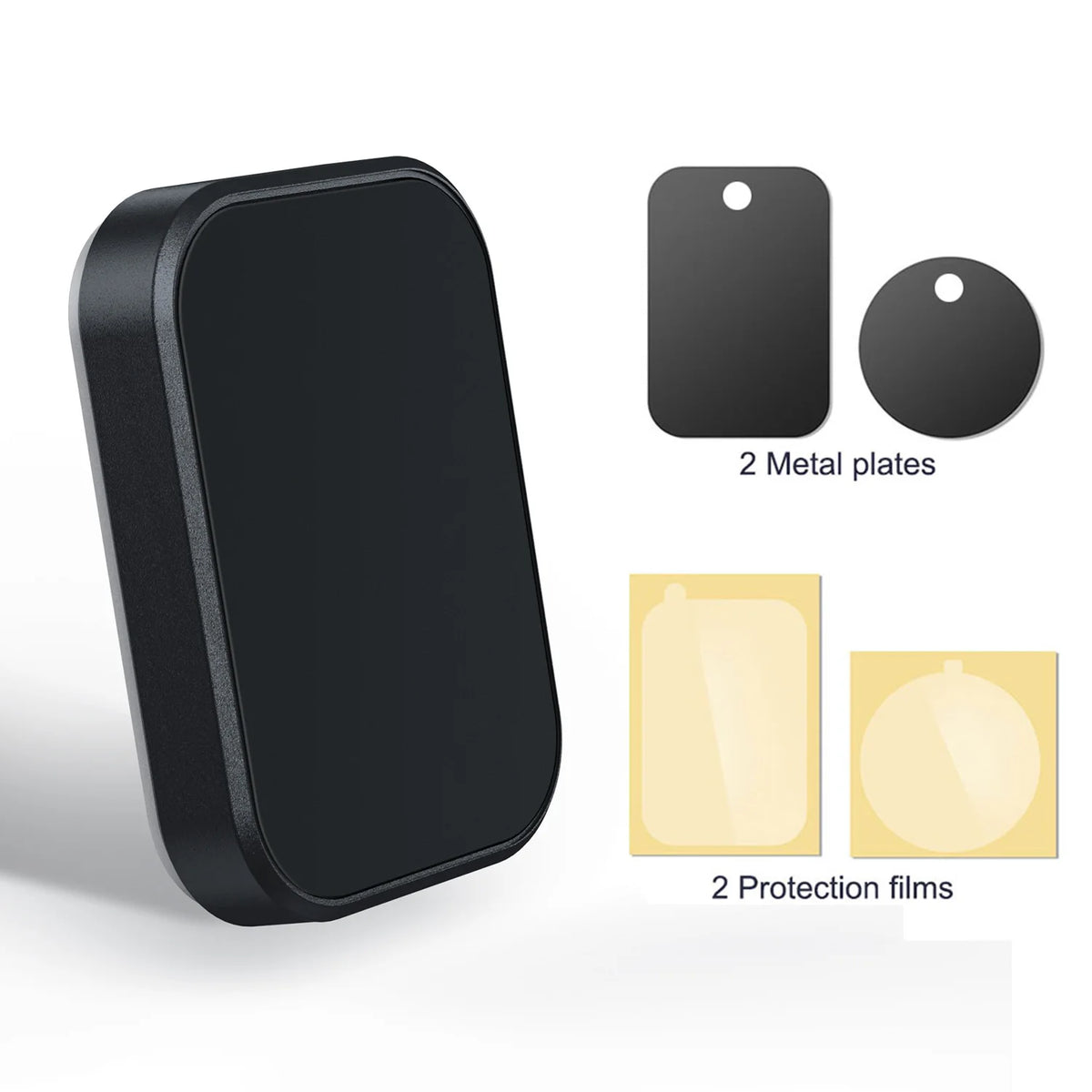 Support magnétique noir fin pour téléphone avec deux plaques métalliques et deux films de protection
