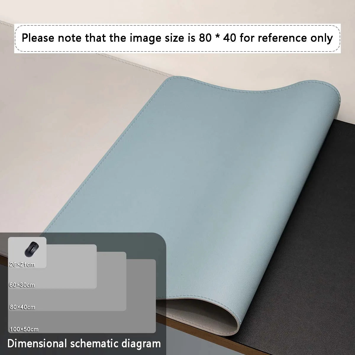 A light blue premium PU leather desk mat rolled up, shown in a close-up view.