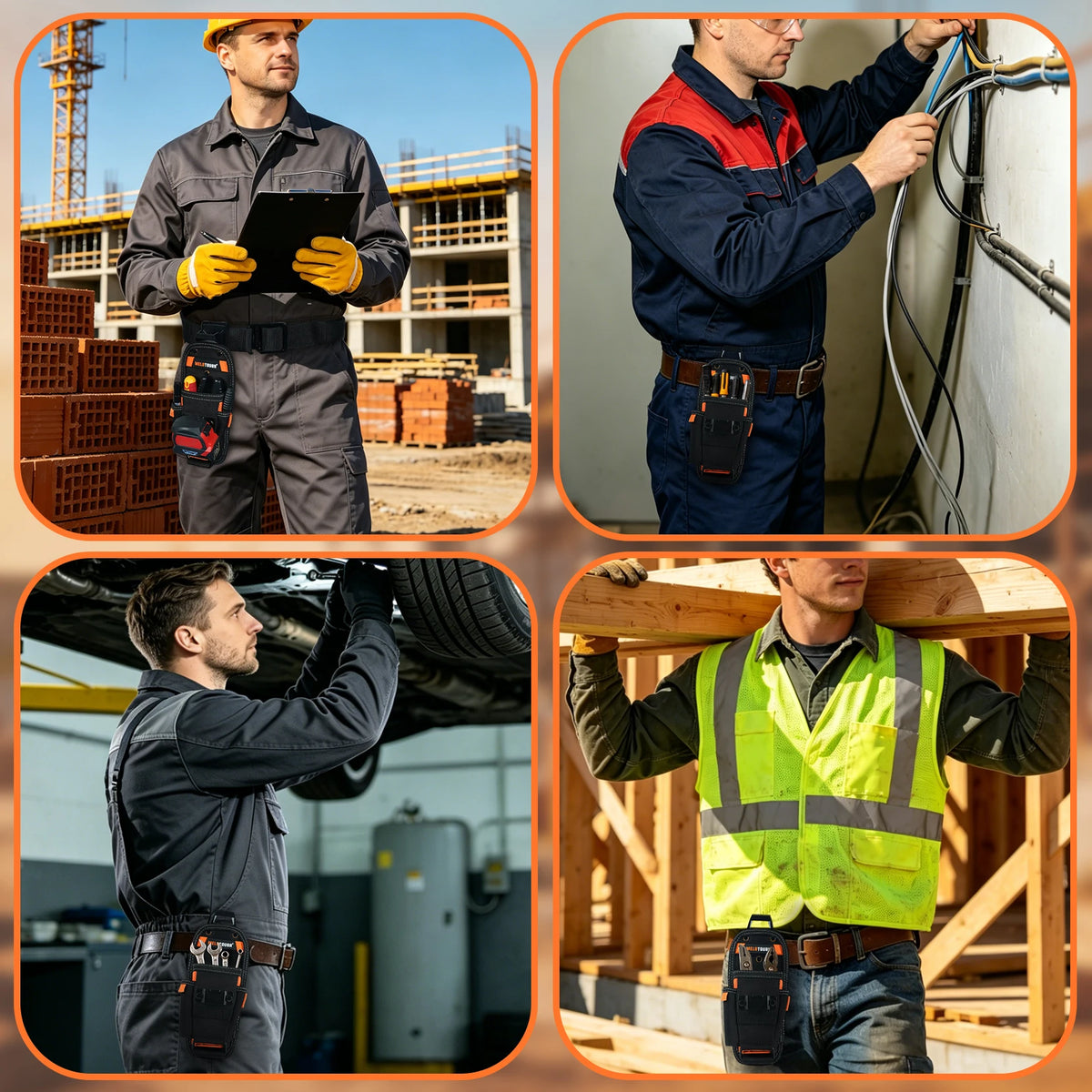Four images showing a man working with tools, including a durable tool pouch and belt clip in various construction or industr